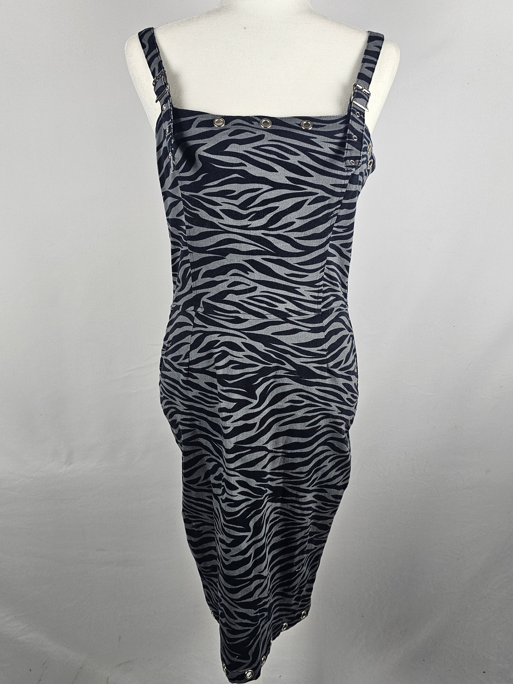 Zebra-Print Midi Dress with Button Strap Detail - Black & Gray